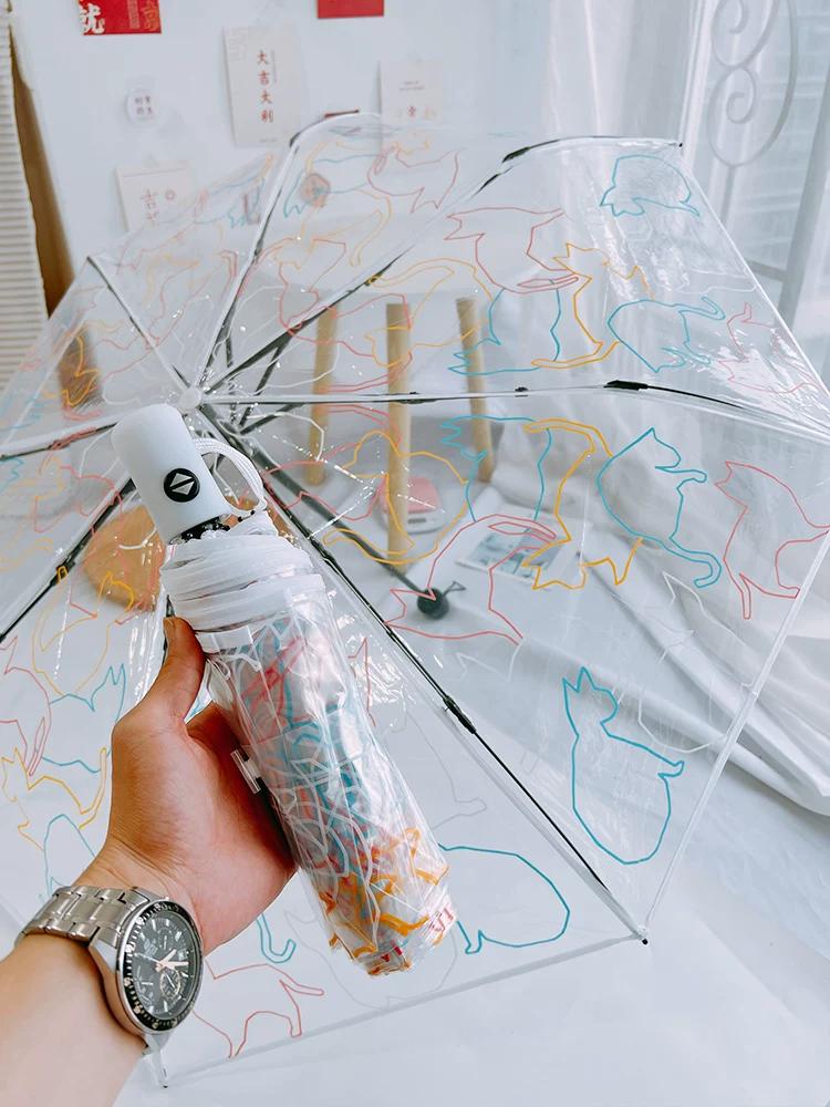 Original Cat Creative Transparent Umbrella Triple Folding Umbrella Automatic Online Influencer Cute Foldable Kids Adult Thickened Young Adult