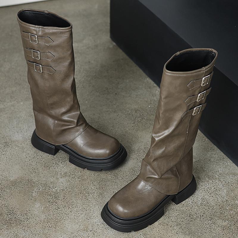 Новые женские сапоги Высокое качество Модные с круглым носком Однотонные с пряжкой На среднем каблуке Сапоги-чулки женские высокие сапоги