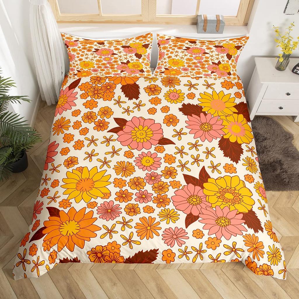 Comforter Retro Flowers Watercolor Yellow Floral Green Leaves Plant Comforter And 2 S Trippy Style Bedding Set