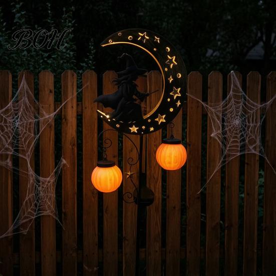 Spooky Pathway Markers for Parties Solar Halloween Witch Pumpkin Moon Garden Stake Light, Waterproof on Crescent Lights with Lantern, Outdoor LED Yard