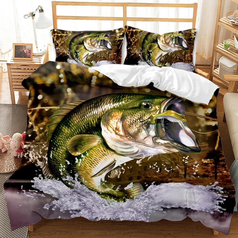 3D Printed Big Pike Fishing Hunting Bedding Set Fishing Duvet Cover Double Twin Full Queen King Adult Kids Bedclothes Quilt Cove