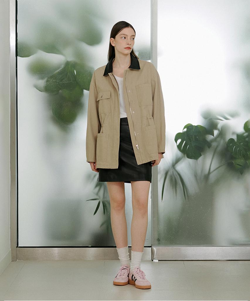 Pinblack Leather Collar Hunting Jacket Beige
