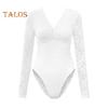 Women Bodysuit Flower Embroidery Lace Elastic Deep V Neck See-through Long Sleeve Solid Color Slim Fit Soft Breathable Spring Playsuit
