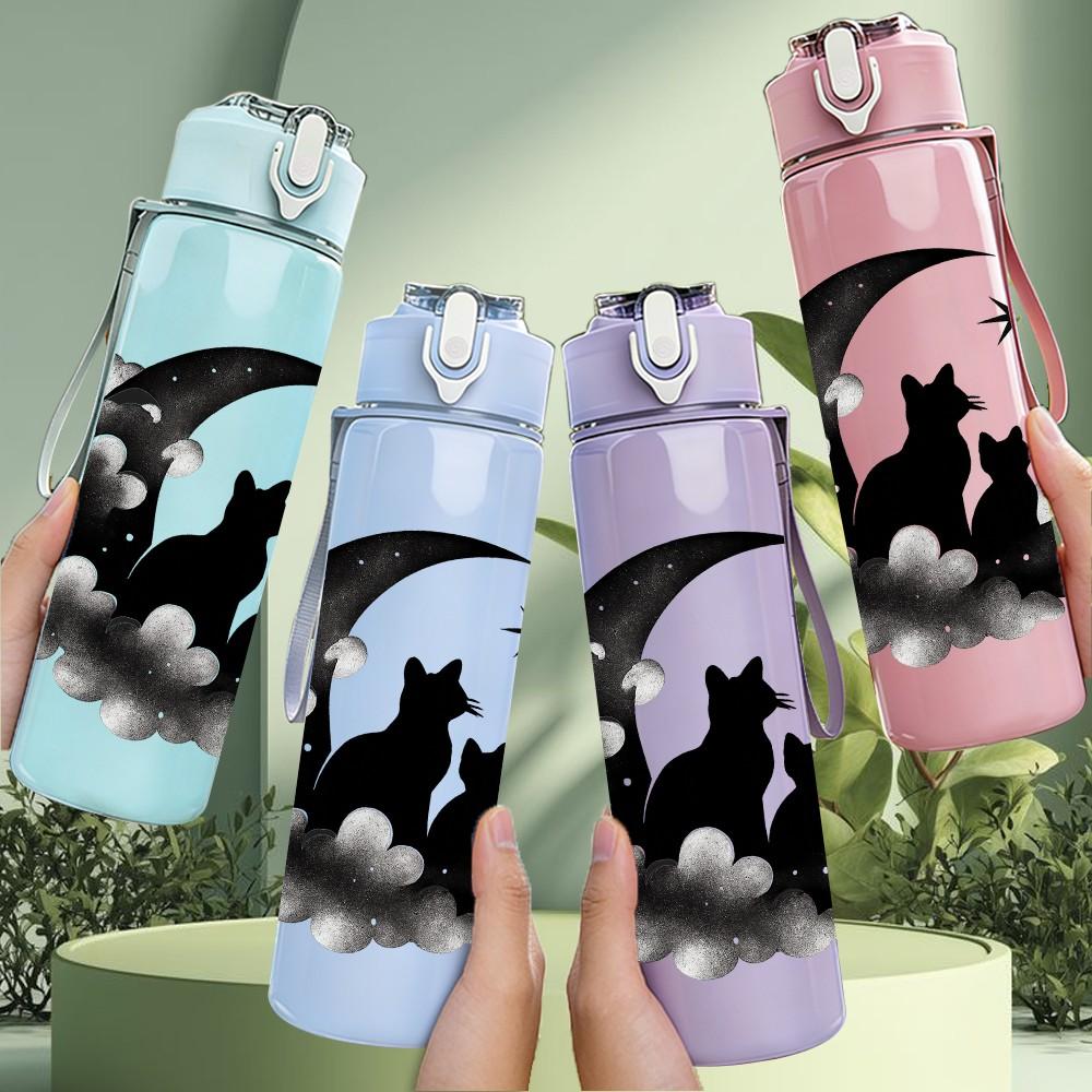 1PC Moon Night Black Cat Silhouette 750ml Color Plastic Sports Water Bottle Leakproof Flip Straw Lid Suitable for Sports Office Home Use