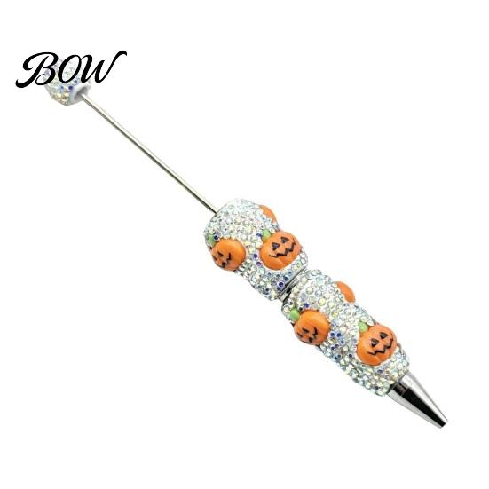 Halloween Beadable Pen Rhinestone Pen, Glitter Plastic Beaded Pumpkin Ghost Skull Writing Gel Ink for DIY Craft Making, School Office Supplies Set