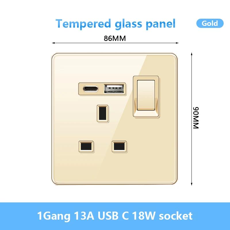 Универсальная настенная розетка Type-C мощностью 18 Вт с портами USB, быстрая зарядка, панель из закаленного стекла, розетка питания, стандарт Великобритании, двойная зарядная розетка USB