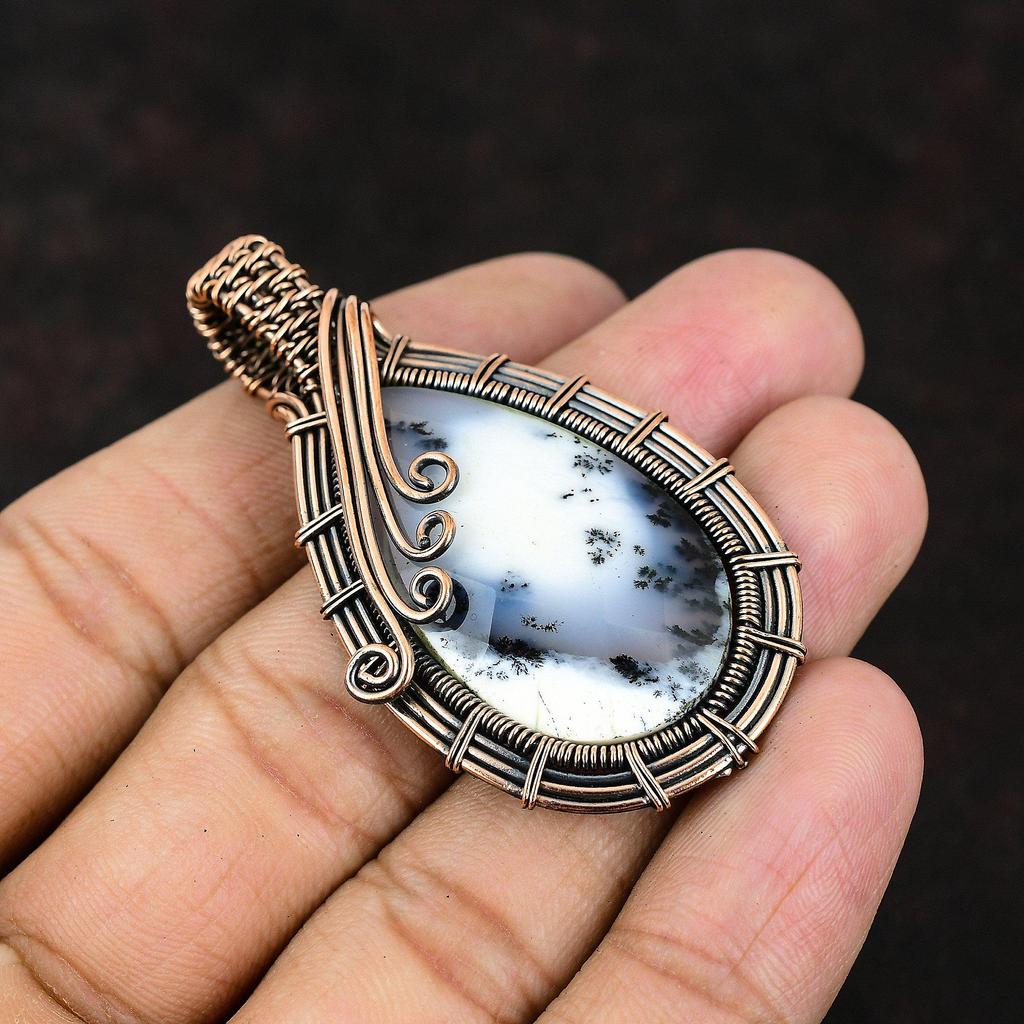 Dendrite Opal Gemstone Pendant Copper Wire Wrapped Pendant Handmade Jewelry Dendrite Opal Designer Pendant Gift For Her Gift For Mom
