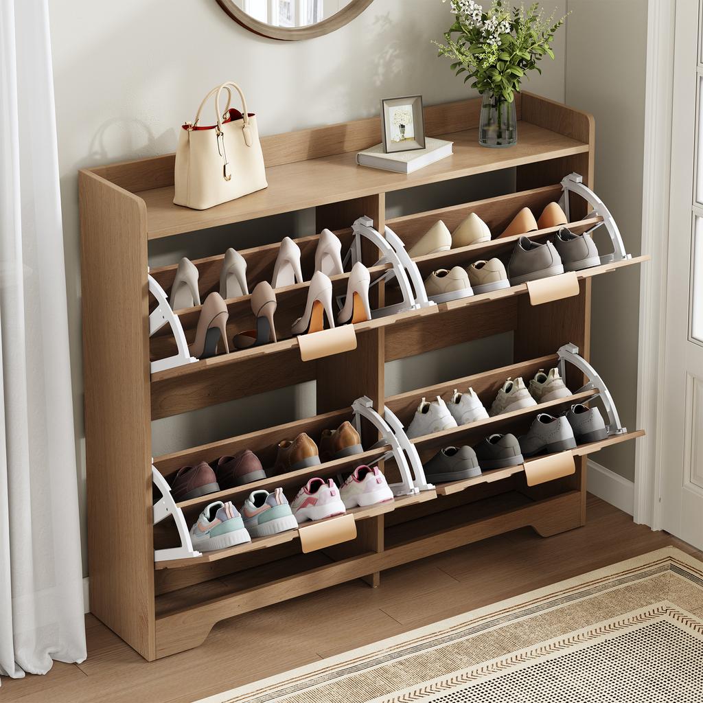 Shoe Cabinet with 4 Flip-Down Compartments, 3D Structure Front, Storage Surface on Top, Spacious Shoe Cabinet, Space-Saving, Furniture for Entryway