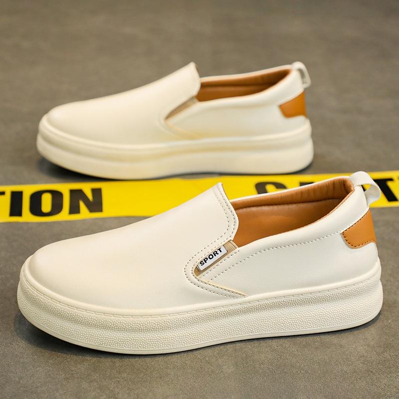 Thick Soled Breathable and Odor Proof Sports Men's Trendy Versatile Soft Leather Casual One Foot White Shoes