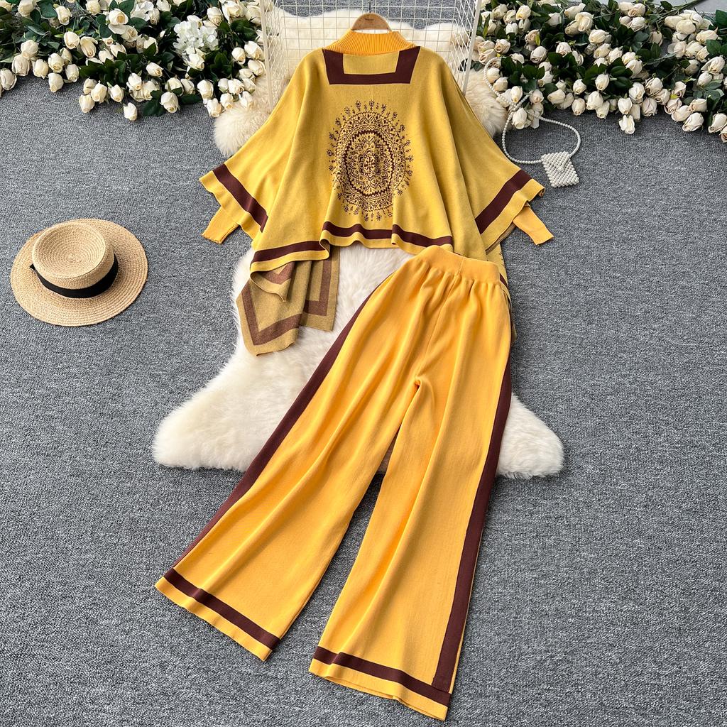 Женские шикарные трикотажные комплекты из двух предметов с рукавами-лодочками, в стиле пэчворк, с круглым вырезом, с разрезом, с высокой посадкой, широкие брюки, модные летние комплекты