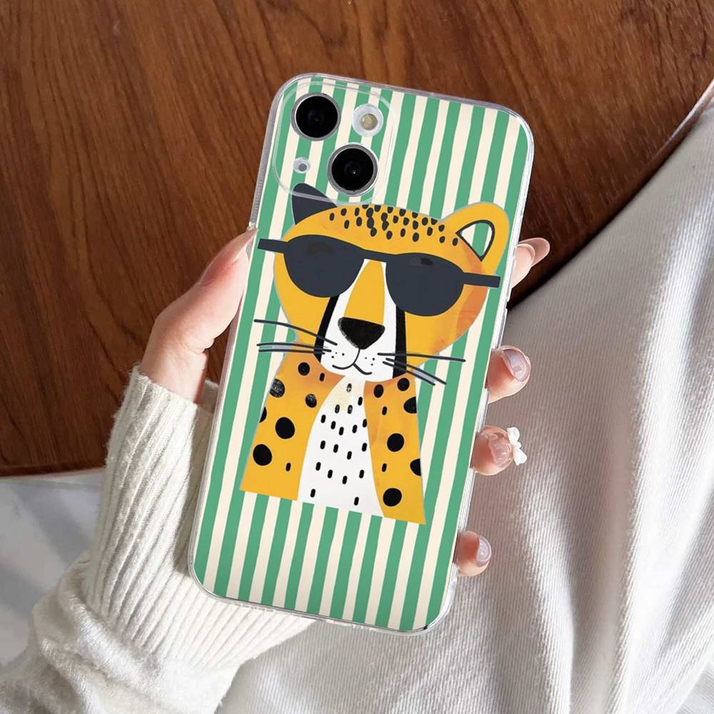 Cute Green And White Plaid Animal Phone Case For iPhone 17 16 15 14 13 11 12 Pro Max Mini Plus Shockproof Transparent Soft TPU