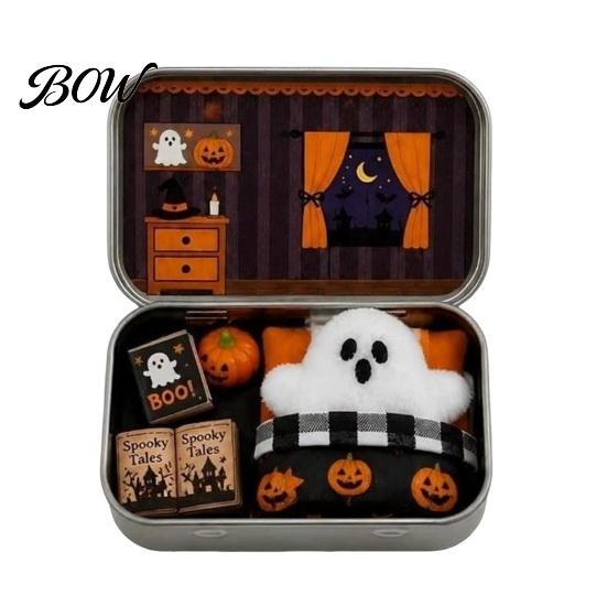 Compact Desktop Soft Decoration Mini Ghost Tin Box Set, Little Pocket Cute in A Box, Decorative Metal Storage Case Halloween Miniature Scene