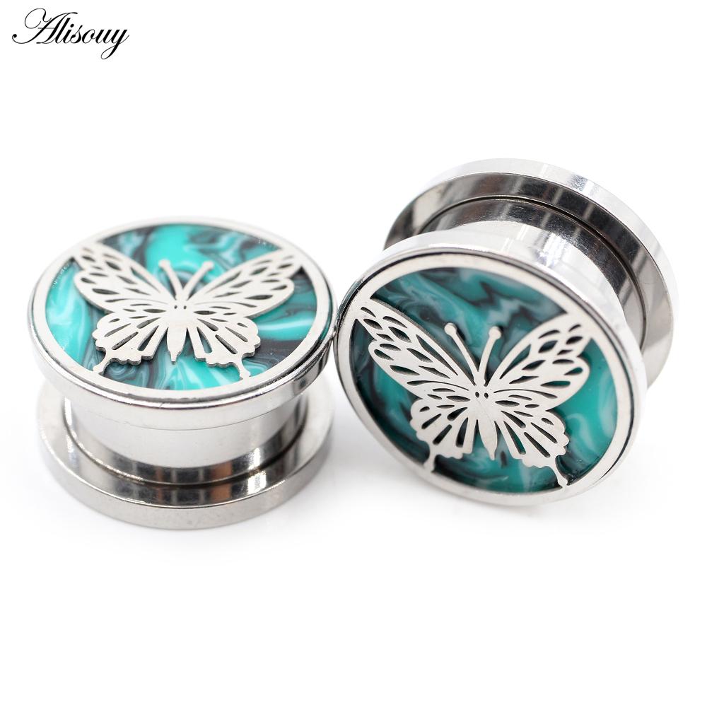 Alisouy 2PCS нержавеющая сталь бабочка зеленый камень ушные туннели заглушки расширитель растяжитель калибр серьги пирсинг украшения для тела
