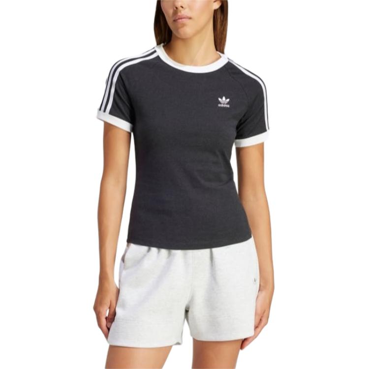 adidas Женская футболка с 3 полосками, приталенная, с рукавом реглан, черная меланж, IU2429