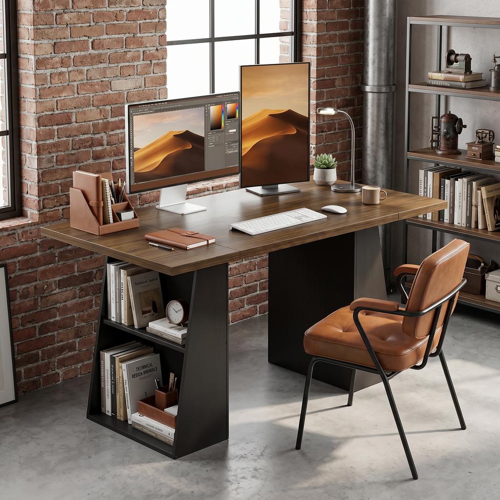Desk with 4 Open Shelves, Industrial Design, 140 cm, Brown-Black