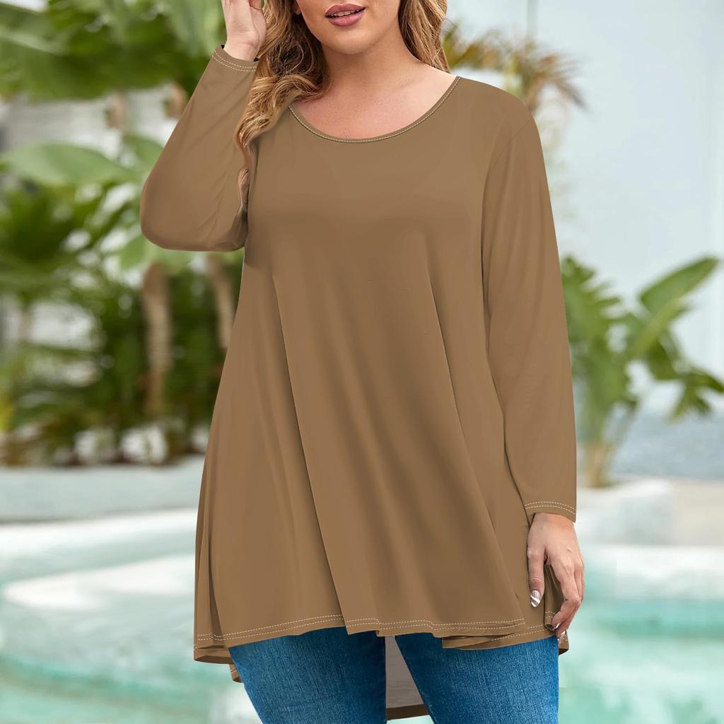 Женская мода большого размера с круглым вырезом и длинным рукавом, повседневный однотонный свободный пуловер