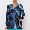 Women Plus Size Blue Marble Printed Nurse Scrub Top V Neck Long Sleeve With Pockets