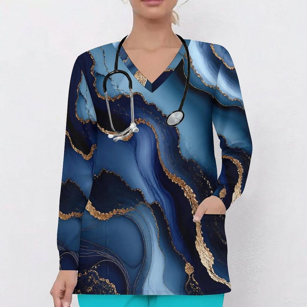 Women Plus Size Blue Marble Printed Nurse Scrub Top V Neck Long Sleeve With Pockets