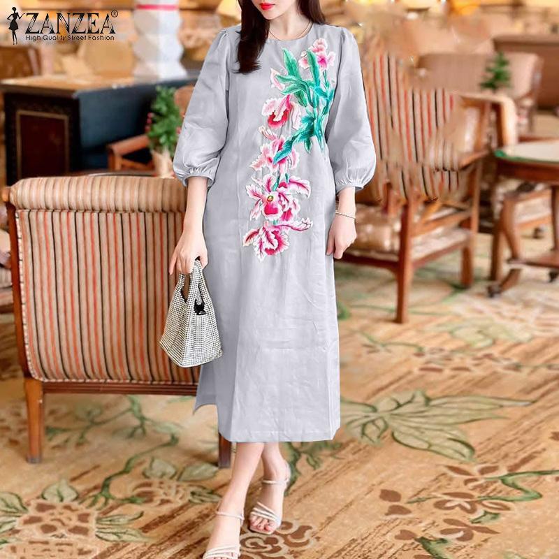ZANZEA Женское повседневное платье с круглым вырезом и рукавом 3/4 с принтом