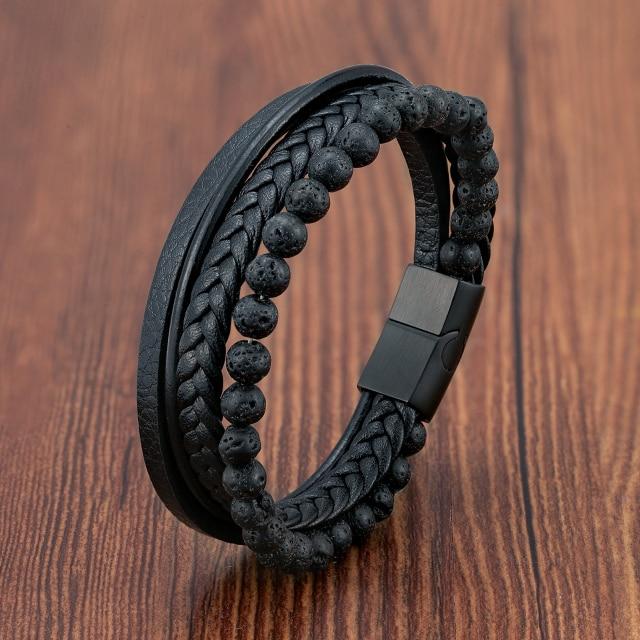 Fashion Stainless Steel Charm Men Bracelet Magnetic Clasp Braided Mutilayer Leather Wrapping Punk Rock Bangles Man Jewelry Gift