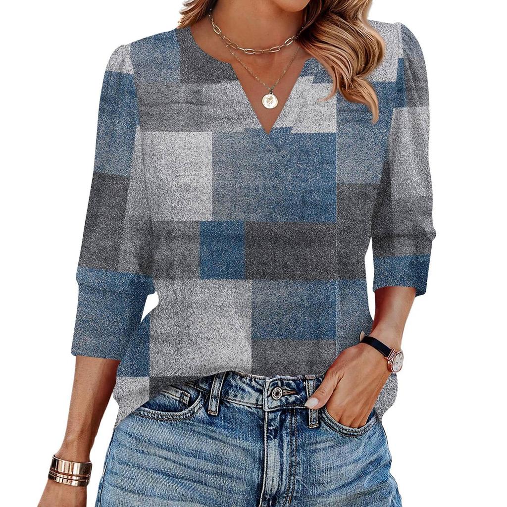 Women's Fashion Casual 3/4 Sleeve Print Shirt Women's V-Neck Tops