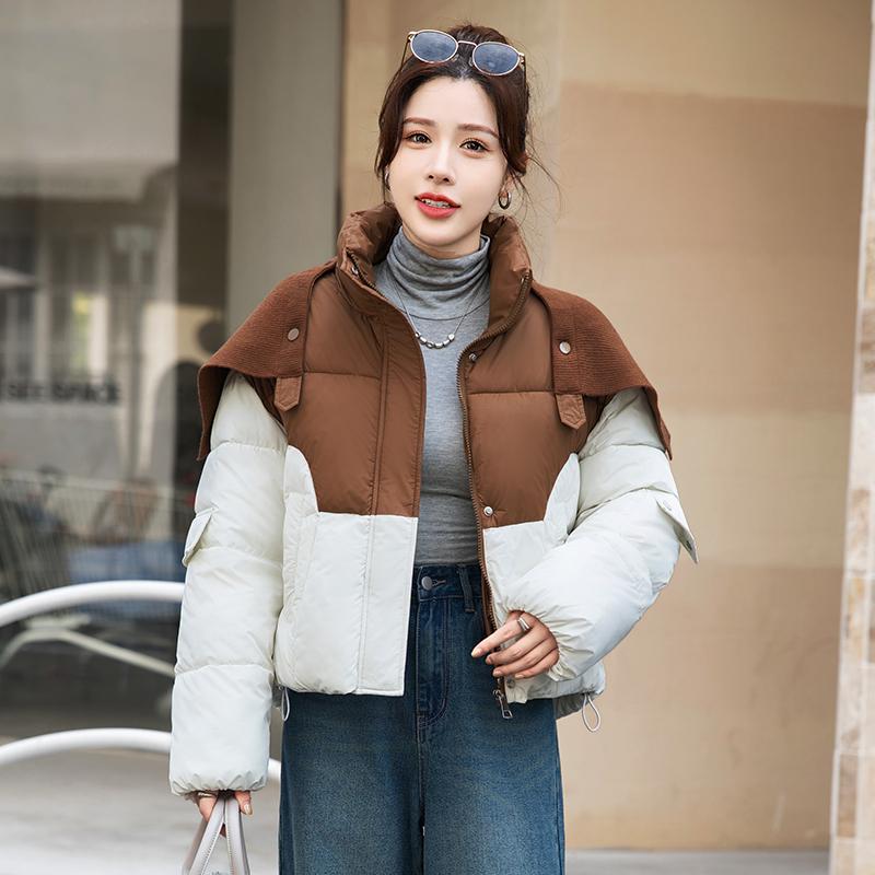 Korean Style Loose Fit Knit Poncho Collar Down Jacket with Color Block for Autumn Winter Women