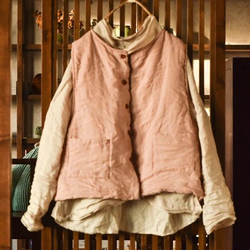 Johnature Women Vintage Button Vests Coats Plus Cotton Solid Color Clothes Spring O-Neck Women Vests Coats