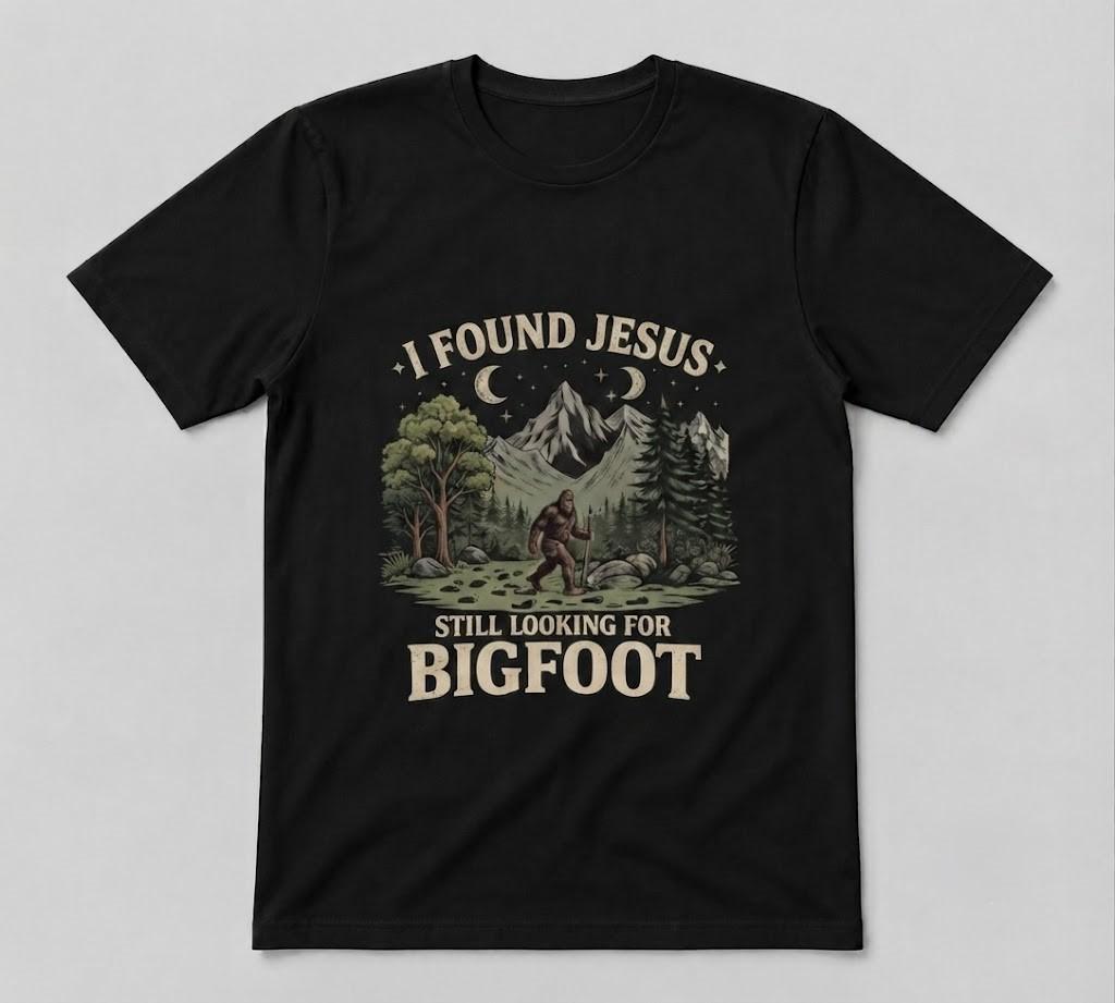 I Found Jesus Still Looking For Bigfoot Funny Christian Sasquatch Black unisex T-Shirt