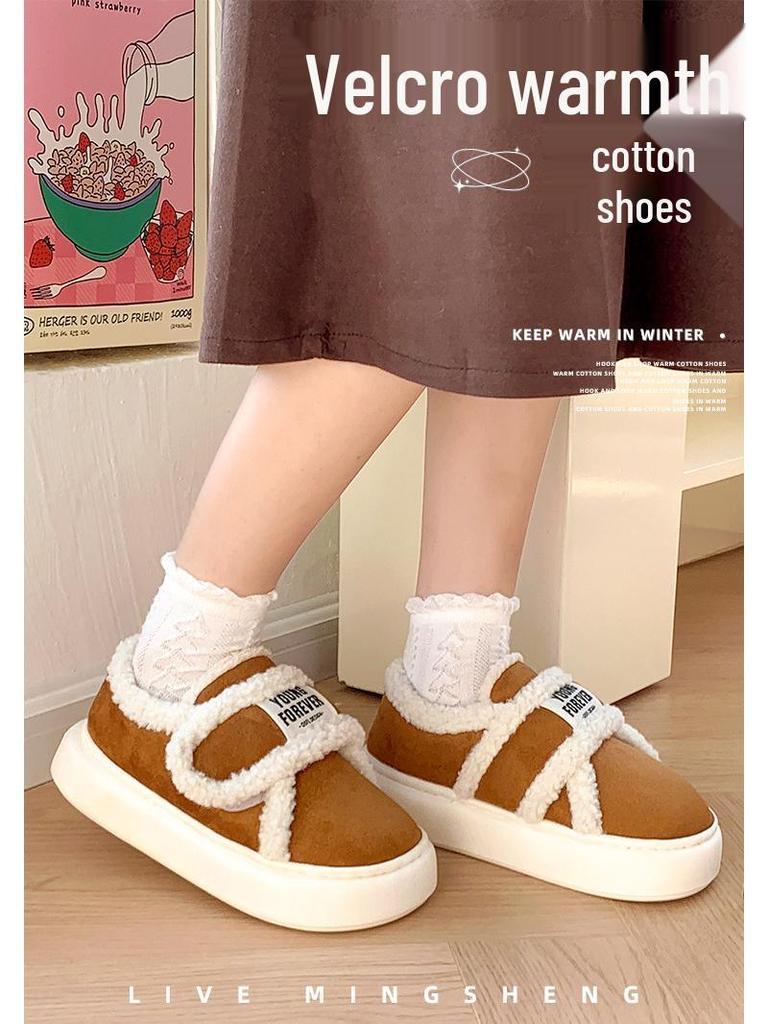 Женские ретро хлопковые тапочки на липучке - Нескользящие, Теплый вельвет, Полный задник для осени/зимы.