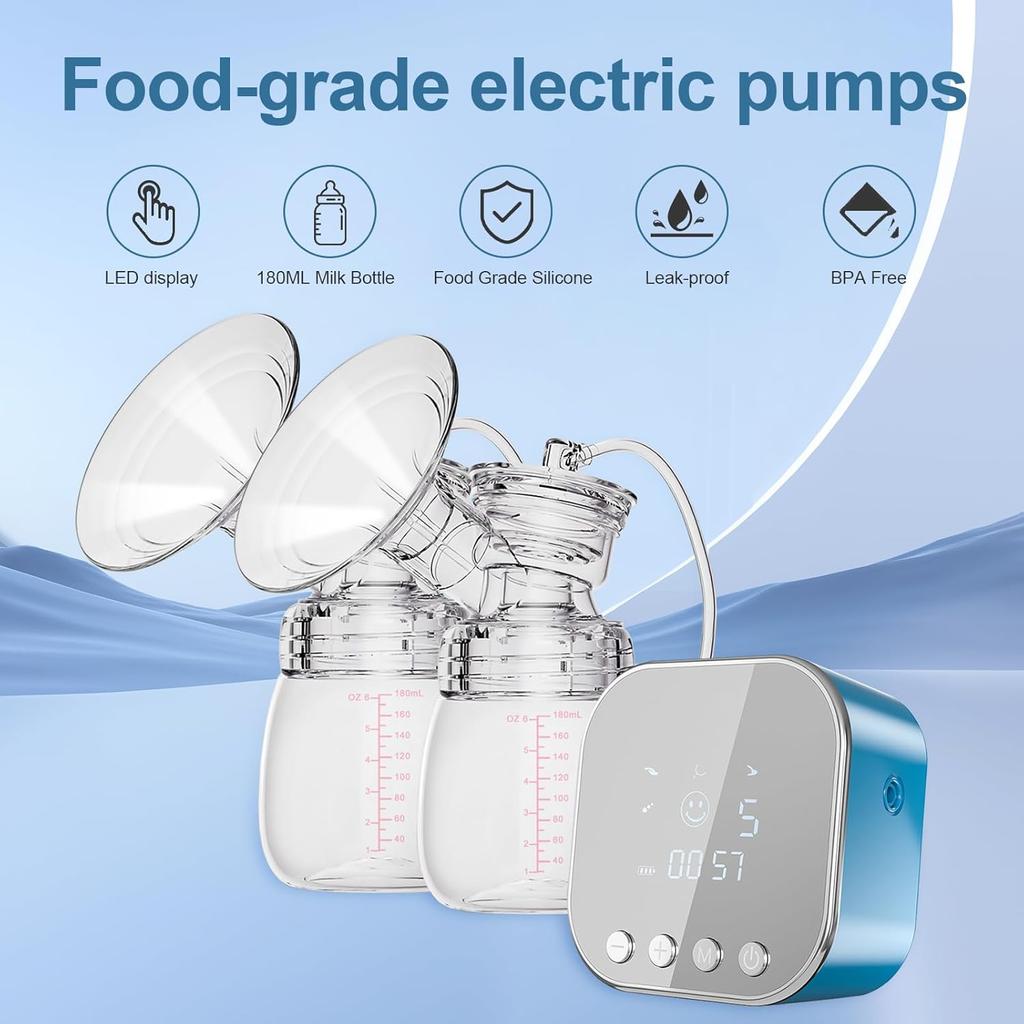 Double Electric Breast Pump, Portable Breast Milk Pump with 4 Modes 9 Levels, 10 Breastmilk Storage Bags, Anti-Backflow, Pain Free Breast Pump