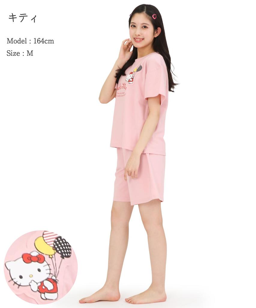 Hello Kitty Room Wear Мини-флисовый комплект из брюк и верха с U-образным вырезом и короткими рукавами, пижама Sanrio [SAZAC] для женщин (Розовый/L/SAN1916)