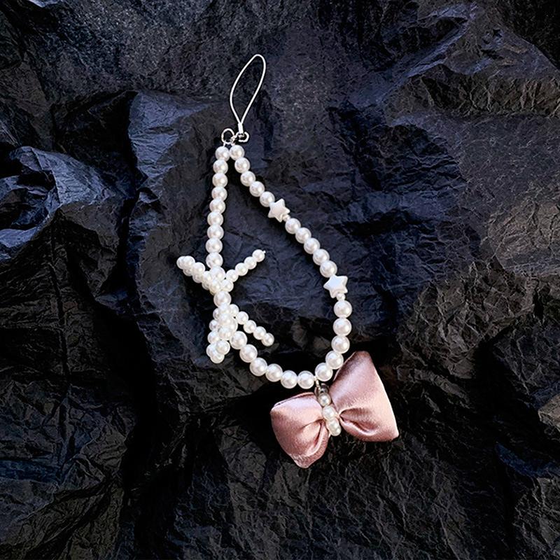 Pink Bow Beads Lanyard Anti-Lost Bracelet For Mobile Phone Case Wrist Strap Lanyard Cute Phone Keychain Portable Rope Chain