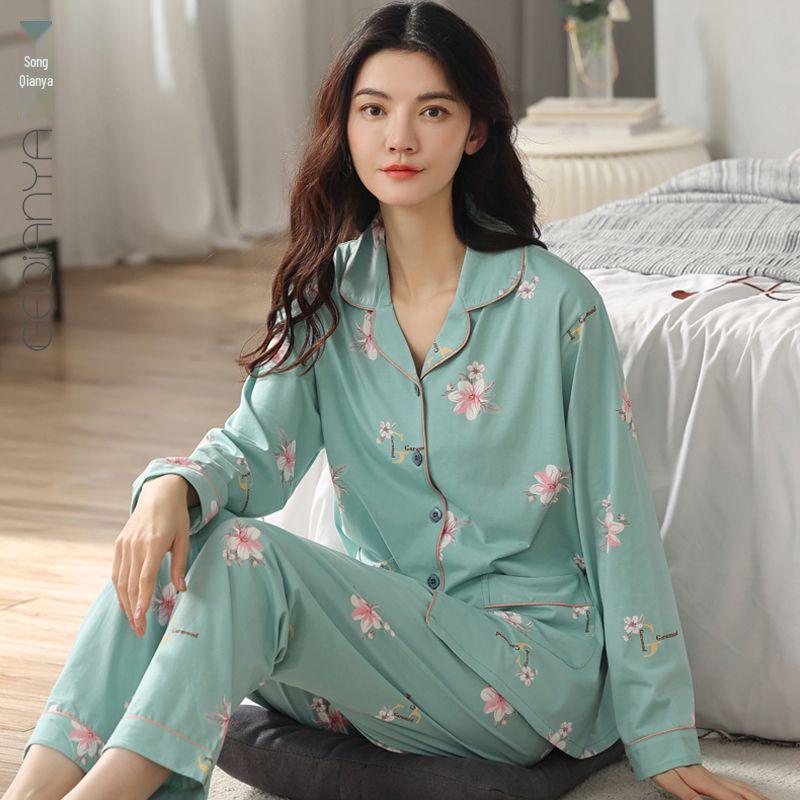 Женская пижама с длинными рукавами из 100% хлопка на весну и осень: Домашняя одежда свободного кроя для женщин среднего возраста