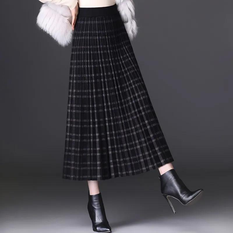 Юбки-плиссе осень-зима, трикотажные, женские, с высокой талией, универсальные, средней длины, А-силуэта