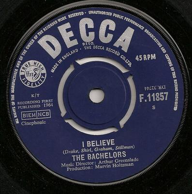 7-дюймовая пластинка BACHELORS - I Believe F11857 Decca 1964 Великобритания Поп Б/У