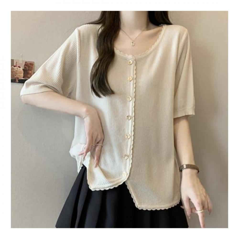 Navava Women Simple Basic Round Neck Short Sleeve Knit Cardigan Nk2269