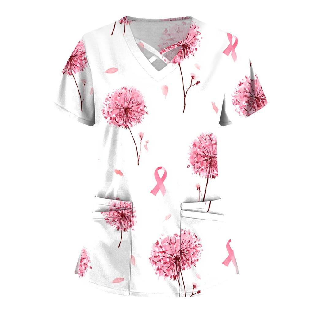 Women's Fashion V-Neck Short Sleeve Overalls Double Layer Pocket Printed Tops Apparel