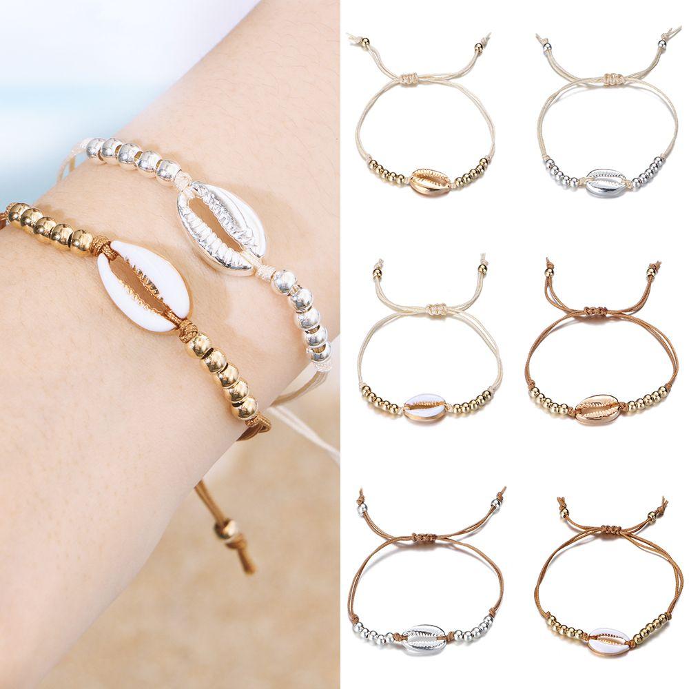 New Ethnic Gold Silver Handmade Weave Rope Bangles Shell Bead Bracelets Adjustable Bohemia