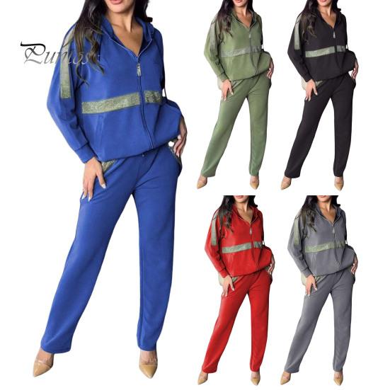 2 шт./комплект женский толстовка брюки костюм с пайетками капюшон с длинными рукавами застежка-молния спортивная толстовка с капюшоном эластичный пояс брюки фитнес одежда осень весна езда на работу
