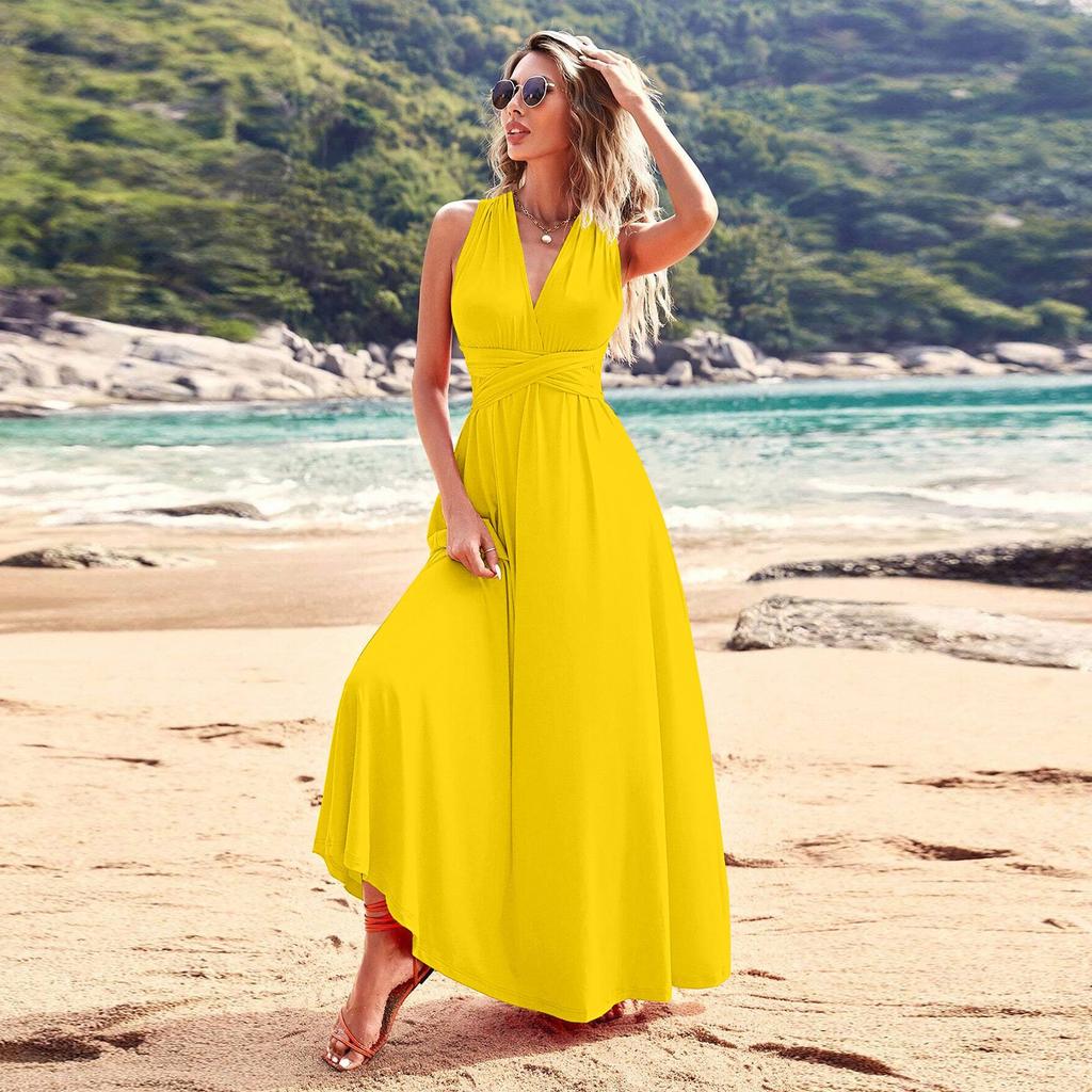 Женское модное летнее платье с открытой спиной и V-образным вырезом без рукавов на бретелях, однотонное платье