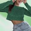 Women Crop Top Shiny Sequin O Neck Long Sleeves Waist-exposed Soft Pullover Stage Show Performance Club Party Lady Top
