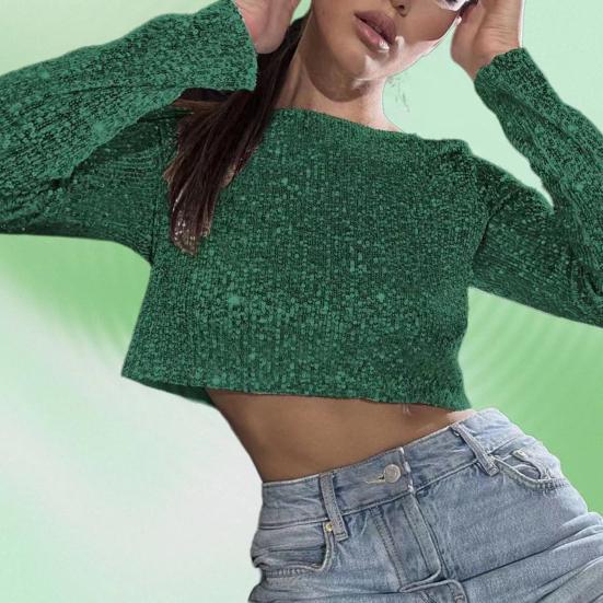 Women Crop Top Shiny Sequin O Neck Long Sleeves Waist-exposed Soft Pullover Stage Show Performance Club Party Lady Top