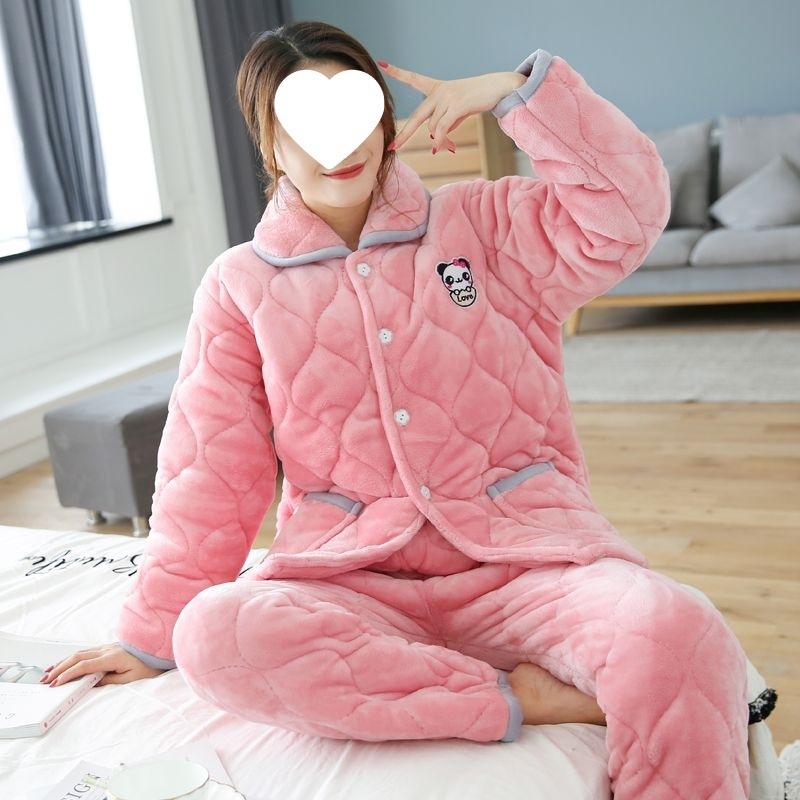 Пижама женская трехслойная утолщенная и милая зимняя можно носить больших размеров теплая стеганая домашняя одежда