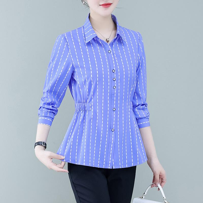 YYFS Женские модные повседневные весенне-осенние рубашки-поло с длинным рукавом и принтом в полоску, блузки и рубашки