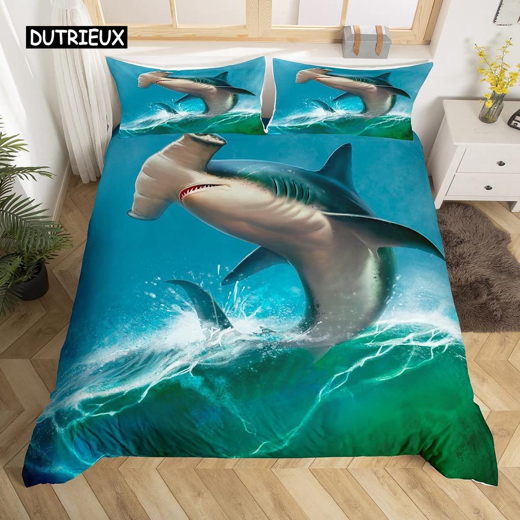 Комплект постельного белья с изображением акулы, комплект постельного белья с изображением глубоководных животных, мультяшные акулы из океана, красочный нарисованный вручную пододеяльник для детей, мальчиков и девочек