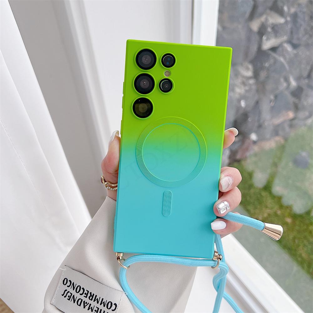 Ремешок через плечо, чехол Magsafe для Samsung S24 S23 S22 Ultra/iphone 15 14 13 12 11 Pro Max, градиентный матовый силиконовый чехол с беспроводной зарядкой, задняя крышка