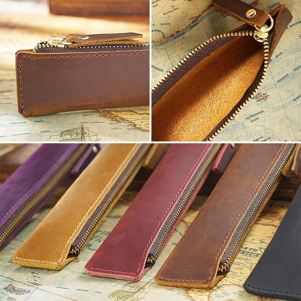 AIGUONIU Genuine Vintage Crazy Horse Leather Zipper Pen Pouch Retro Style Creative School Stationery Pencil Bag