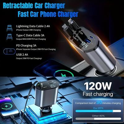 Автомобильное зарядное устройство 4-в-1 мощностью 120 Вт - быстрый USB + Type-C для iPhone 15/Samsung/Pixel со светодиодным дисплеем