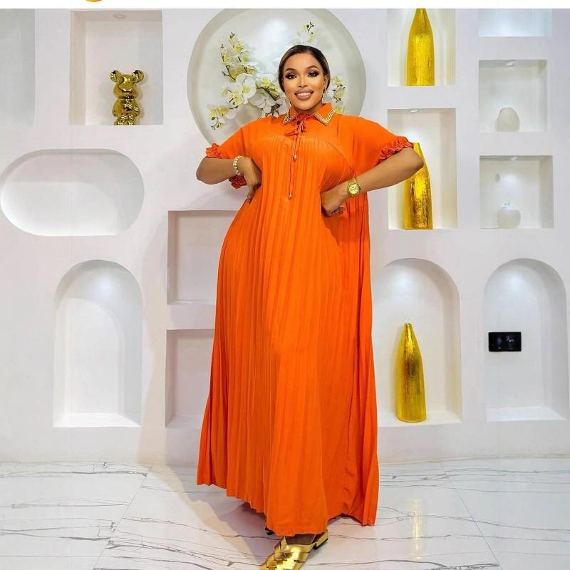 Plus Size Women Orange Turn Down Collar Pleated Loose Casual Long Dress