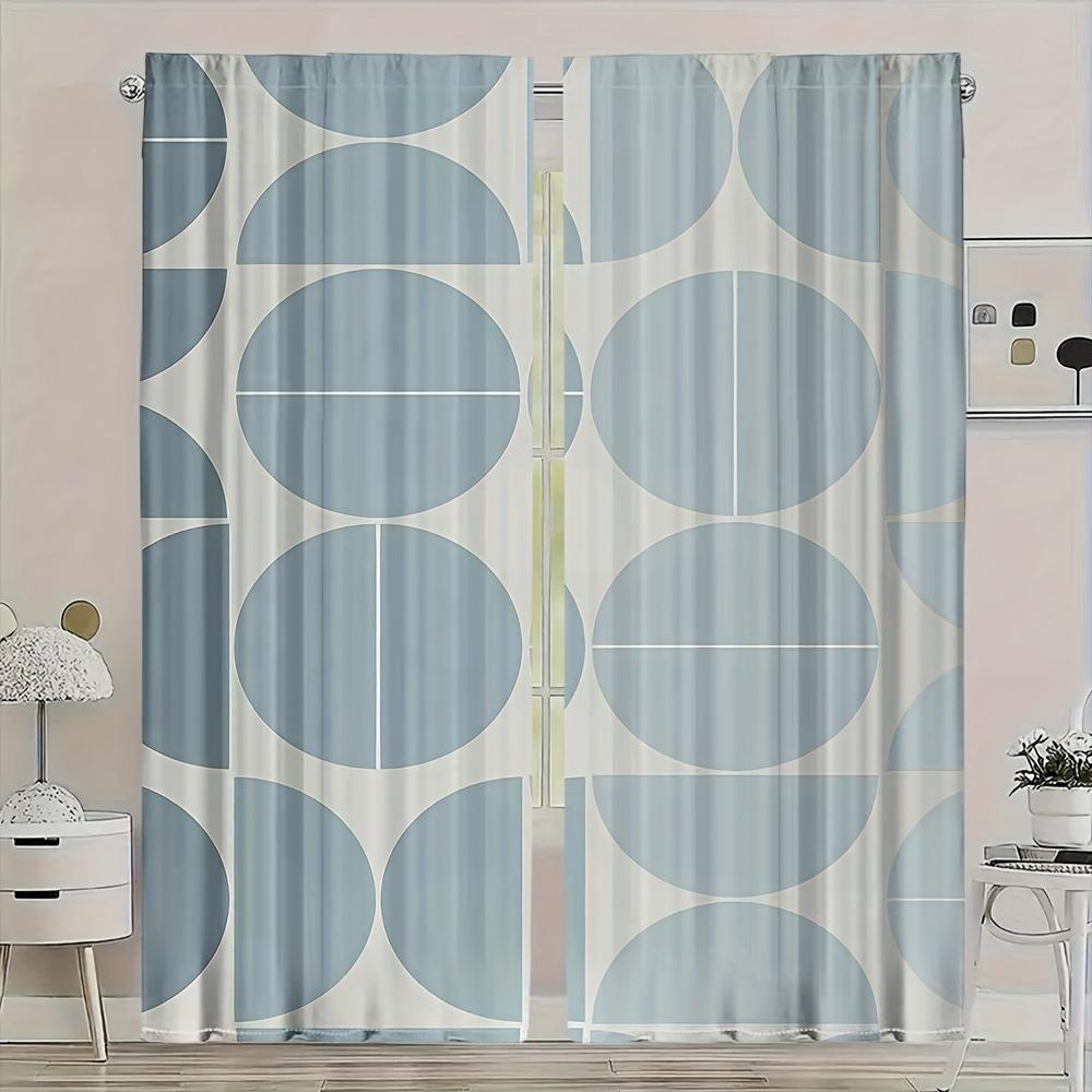 2Pcs Mid-Century Geometric Curta No Rod — Light Blue & Cream Circle Pattern, Sheer Polyester For Living Room, Bedroom, Door